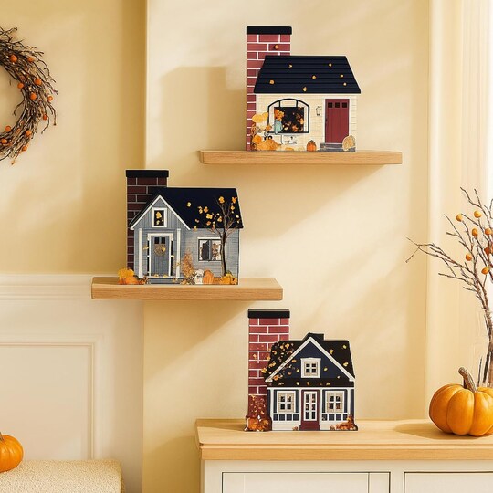 Greentek; 3PCS Fall Wooden House Decor Set – Rustic Farmhouse Autumn Tabletop Centerpieces for Thanksgiving Tiered Tray, Shelf, Coffee Table & Harvest Home Decorations; Category:Fall Tabletop Decor; Image:1